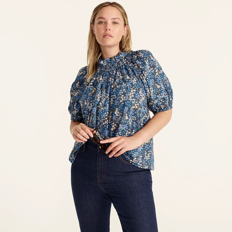 J. Crew Smocked Neck Puff-Sleeve Top in Liberty Sea Blossoms $128