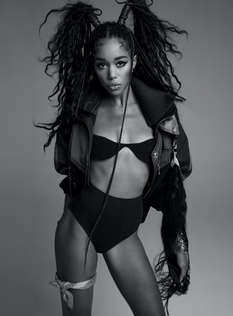 Actress Laura Harrier wears Louis Vuitton coat, Mugler bra, and Skims briefs.