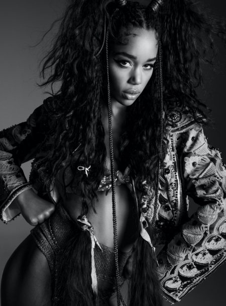 Laura Harrier Strikes a Pose for V Magazine Actress Laura Harrier wears Louis Vuitton jacket with Isa Boulder briefs and stockings.