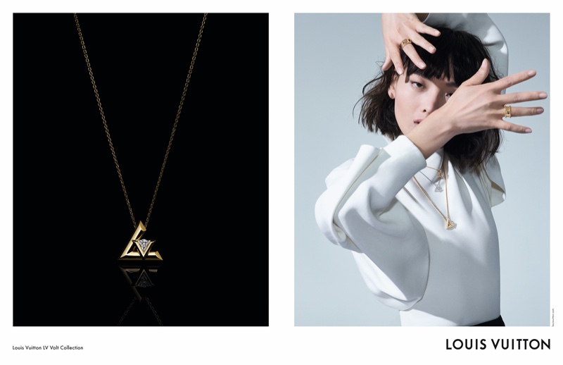 Model XiaoXing Mao poses for Louis Vuitton LV Volt fine jewelry campaign.