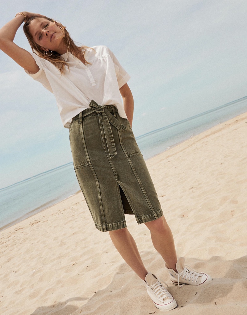 Madewell Shirred-Yoke Popover Top $65, Garment-Dyed Rigid Denim Seamed Midi Skirt $98 & Converse Chuck 70 High-Top Sneakers $85