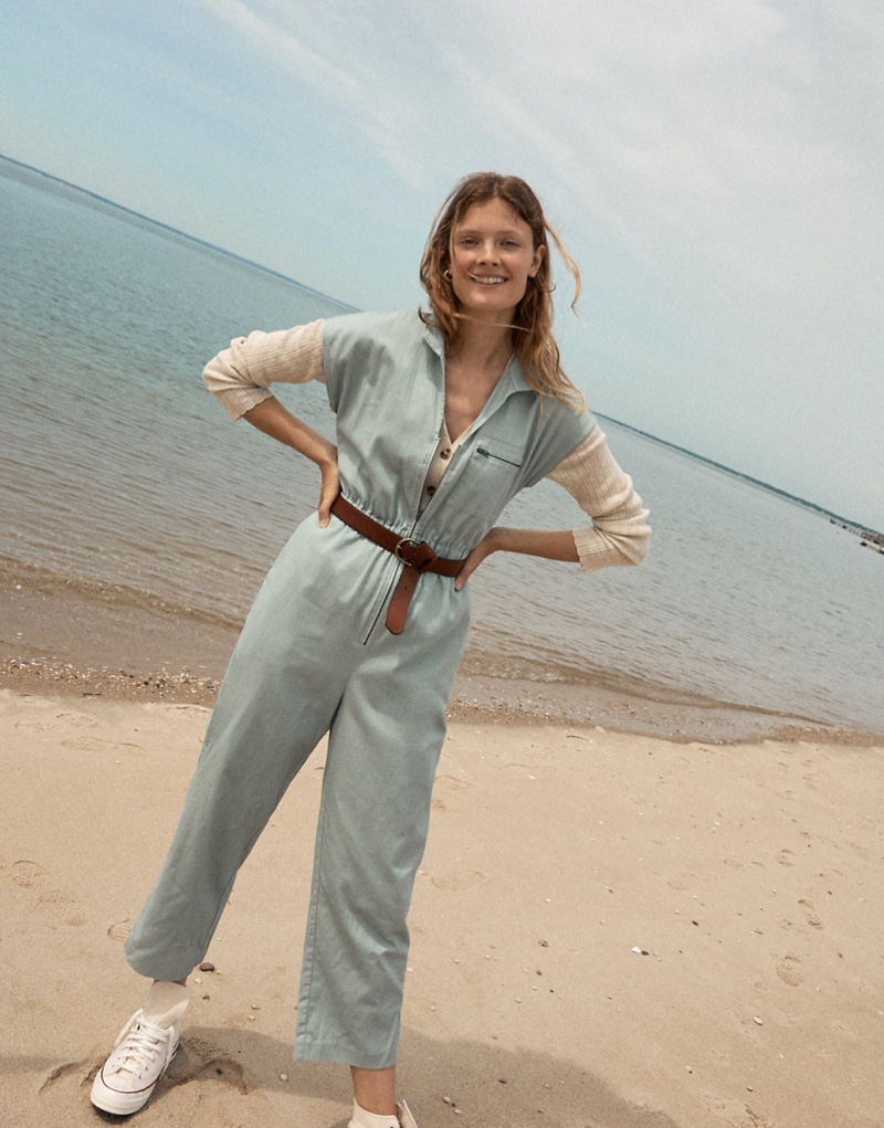 Madewell Short-Sleeve Zip-Pocket Coverall Jumpsuit $138, Pointelle Ribbed Cardigan Sweater $64.50 & Converse Chuck 70 High-Top Sneakers $85