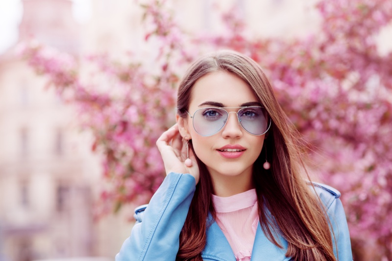 Model Aviator Sunglasses Flower Background Stylish