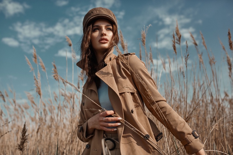 Model Outdoors Field Brown Jacket Hat Nature