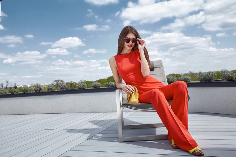 Model Red Outfit Pants Top Outside Fashion