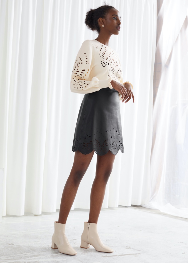 & Other Stories Laser Cut Leather Mini Skirt $249