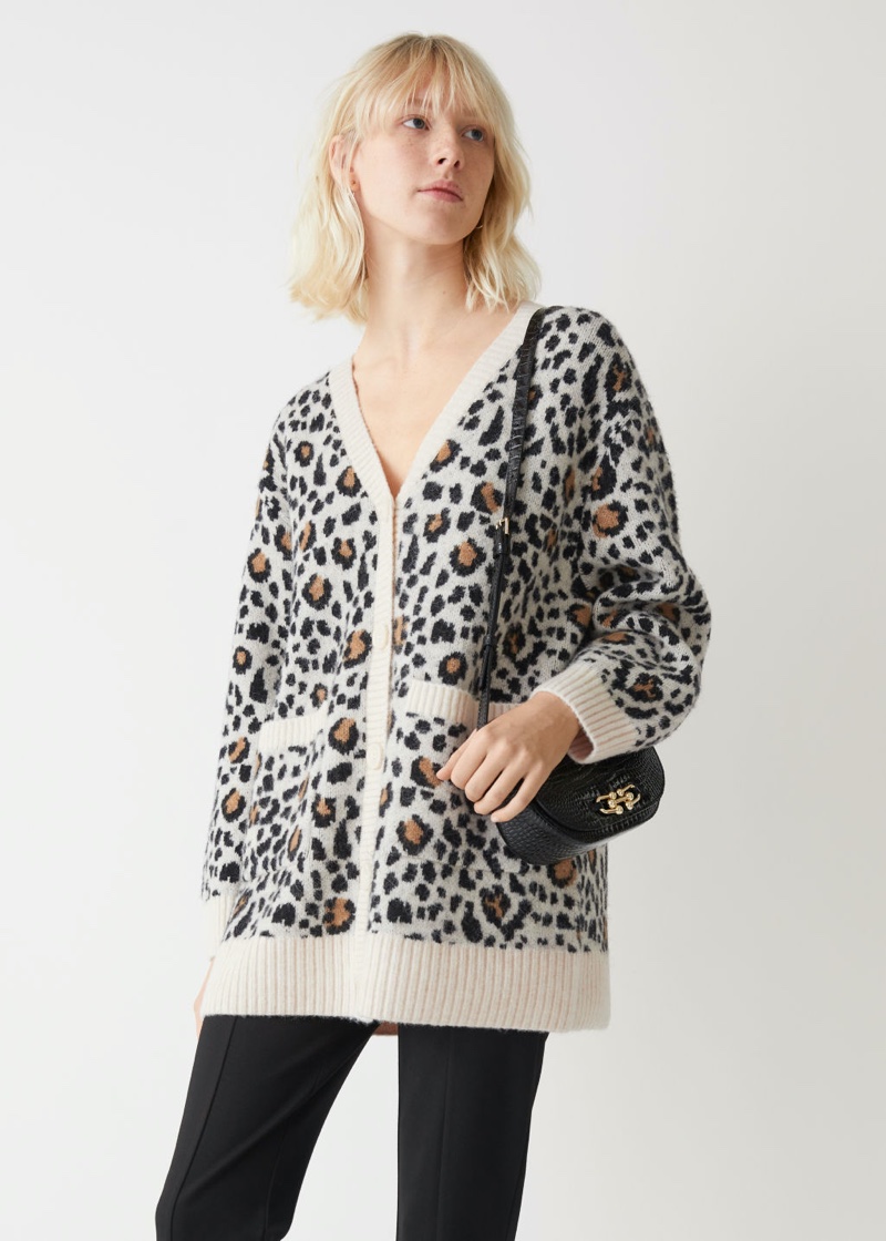 & Other Stories Long Jacquard Knit Cardigan in Leopard Pattern $129
