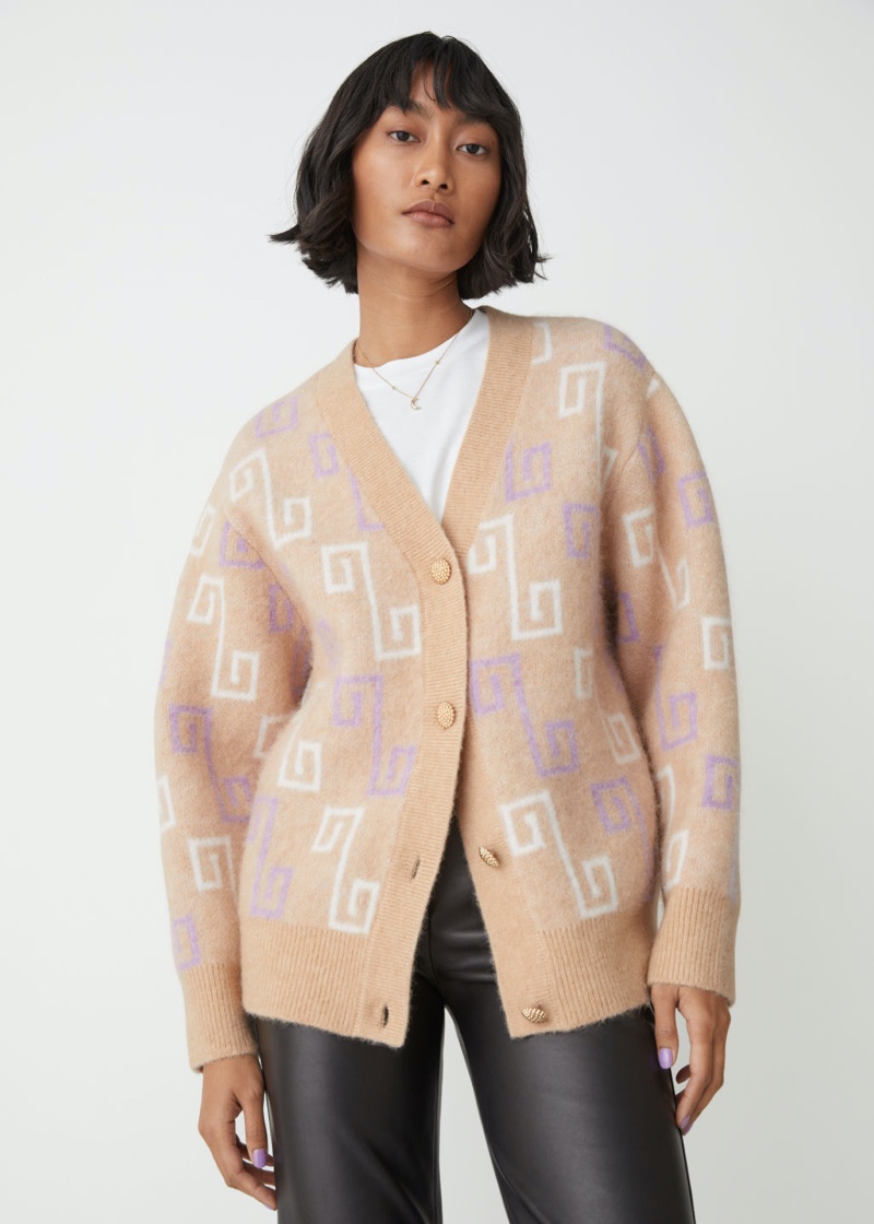 & Other Stories Relaxed Jacquard Knit Cardigan in Beige/White Motif $179