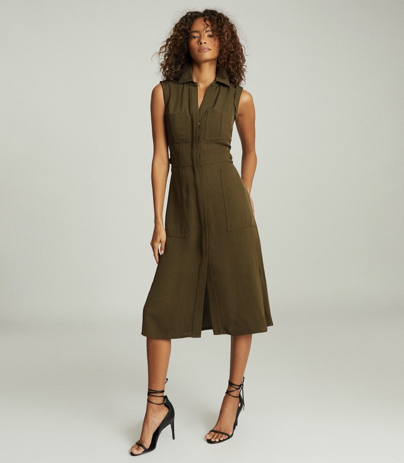 REISS Effie Utility Shirt Midi Dress in Khaki $425