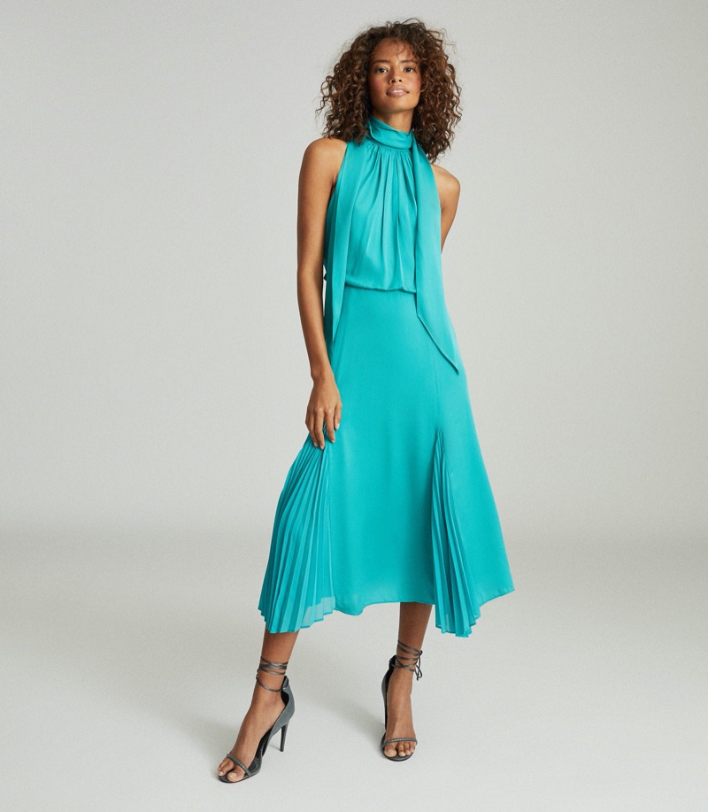 REISS Jenna Neck-Tie Detail Midi Dress $425