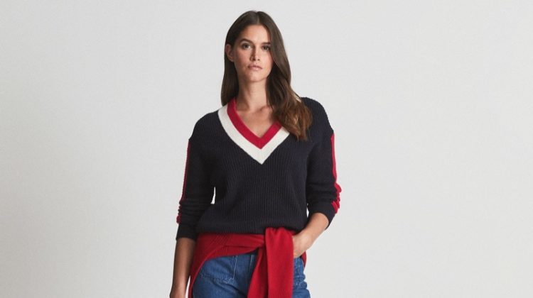 Reiss Cora V-Neck Cricket Jumper in Navy $225