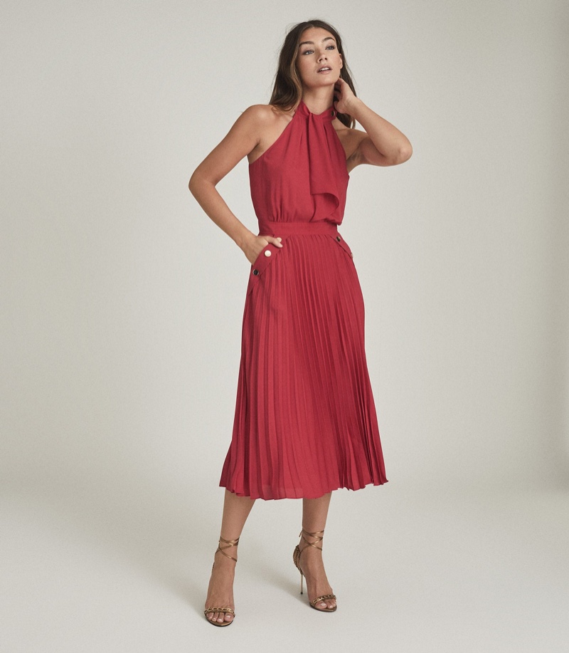 Reiss Nina Halterneck Pleated Midi Dress in Pink $465