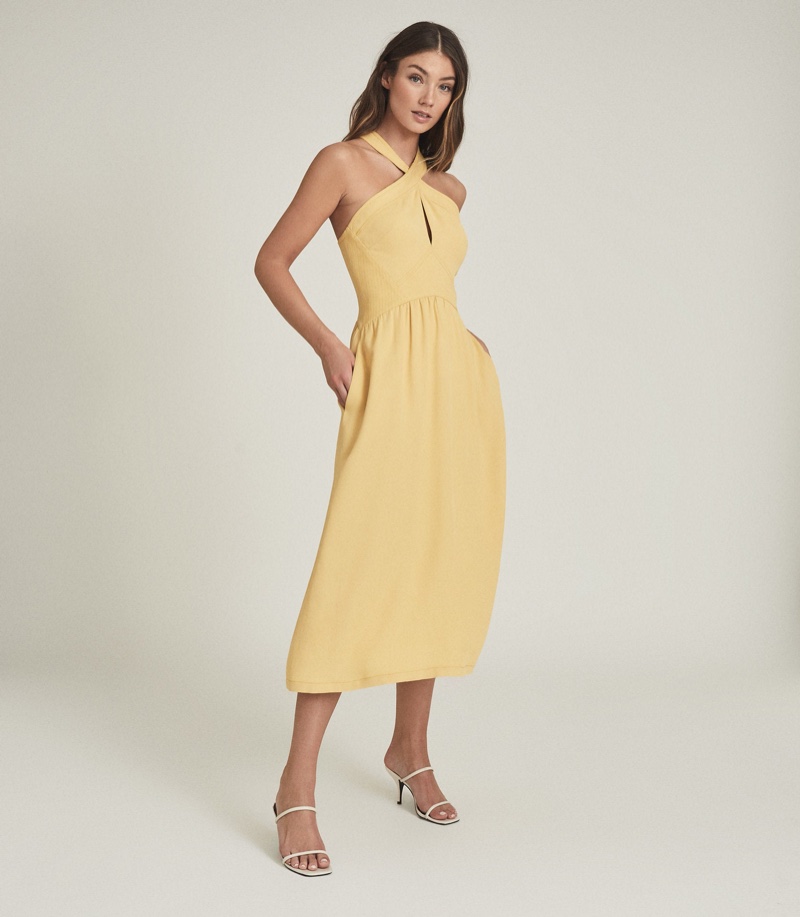 Reiss Orla Halterneck Midi Dress in Yellow $345