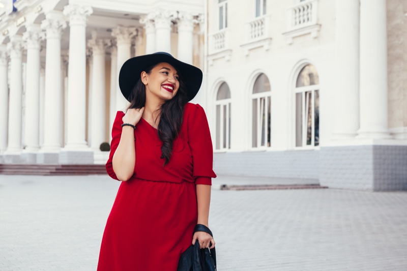 Smiling Plus Size-Model Red Dress Hat