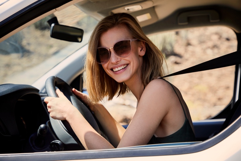 Smiling Woman Driving Car Sunglasses