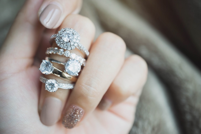 Stack Diamond Engagement Rings Woman's Hand Closeup