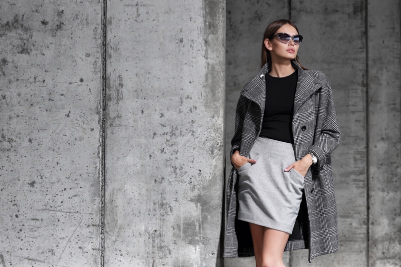 Stylish Model Grey Coat Black Top Mini Skirt