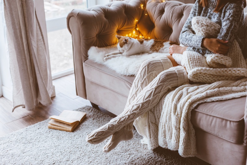 Woman Couch Knitwear Blanket Cat