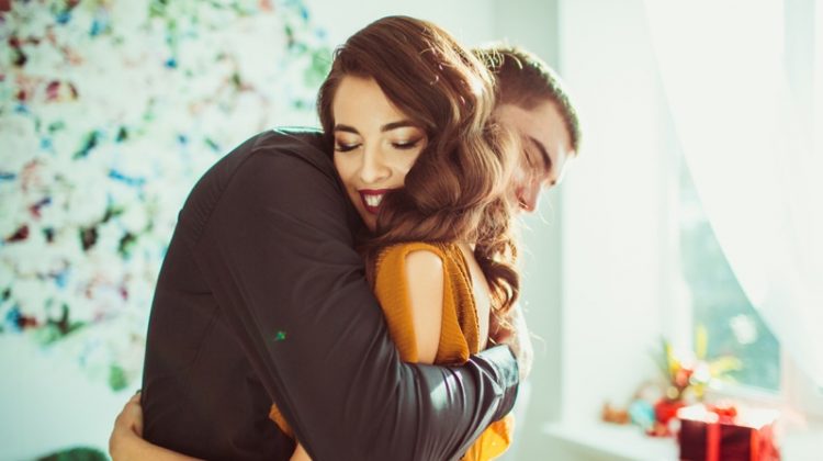 Woman Hugging Man Gifts Couple Happy