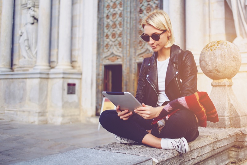 Woman Leather Jacket Looking Viewing Tablet