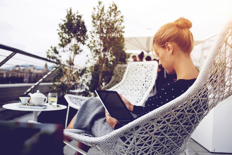 Woman Reading Tablet Outdoors Chair