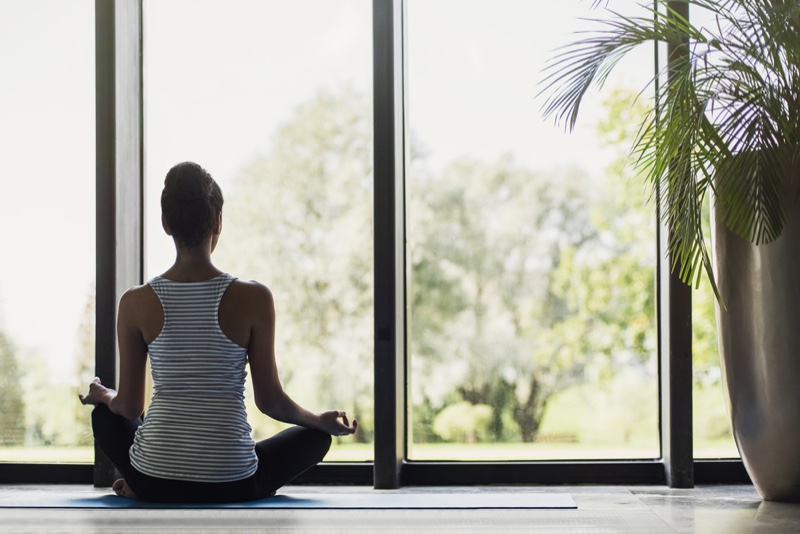 Woman Yoga Pose Back Window Striped Tank