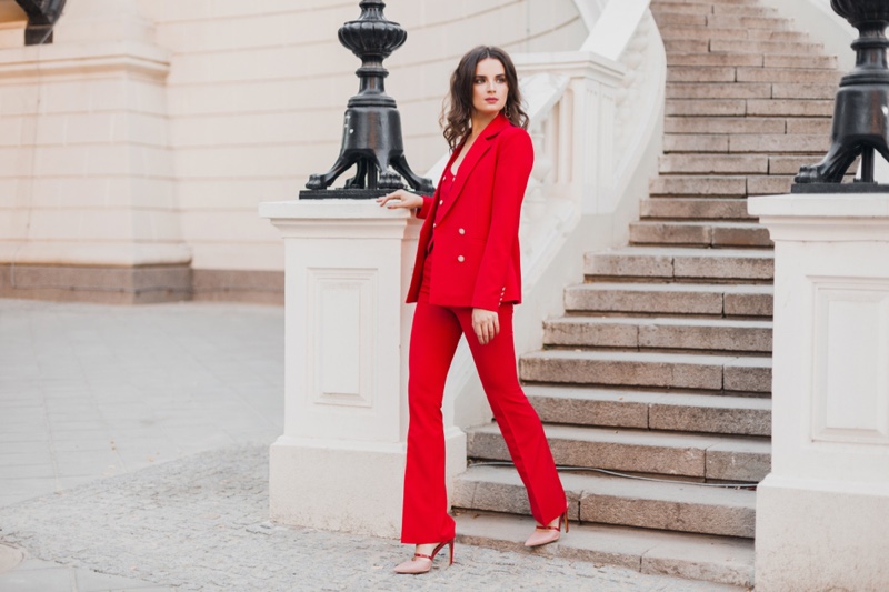 Women Red Pantsuit Heels Outside