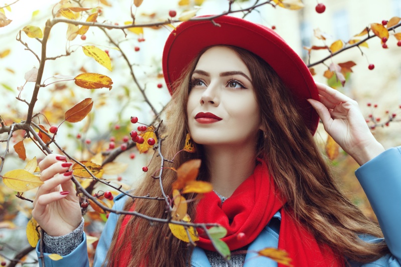 Beauty Model Fall Long Hair Red Scarf Hat Outdoors