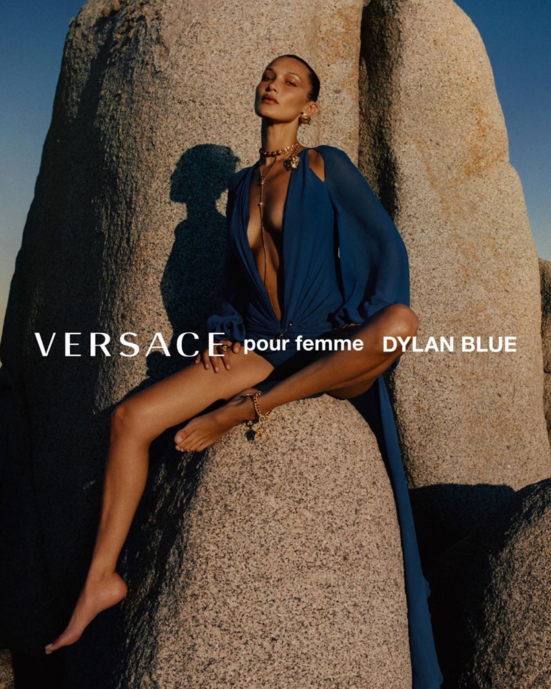 Bella Hadid stars in Versace Dylan Blue fragrance campaign.