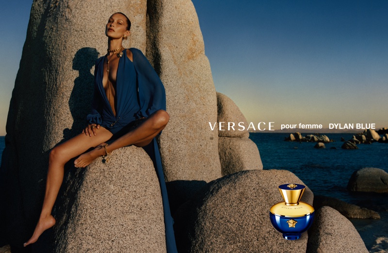 Versace taps Bella Hadid for Dylan Blue fragrance campaign.