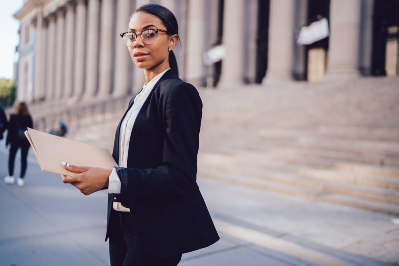 Black Woman Pant Suit Glasses Professional