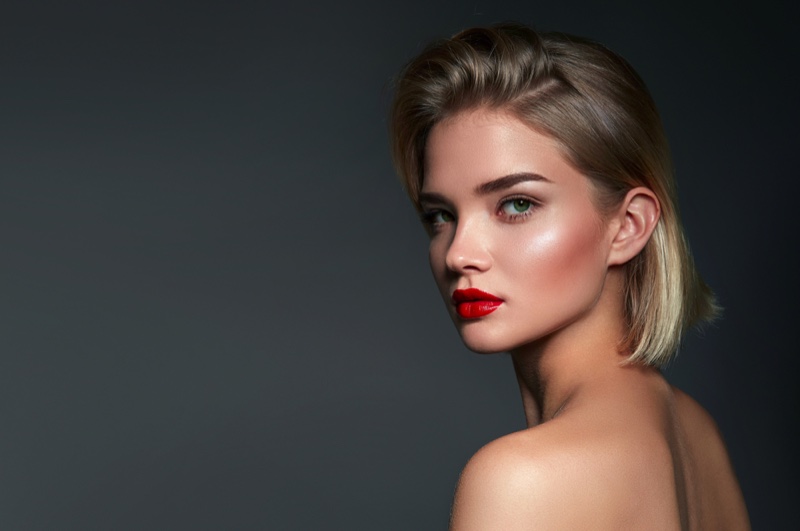 Blonde Beauty Bob Hair Makeup Red Lipstick