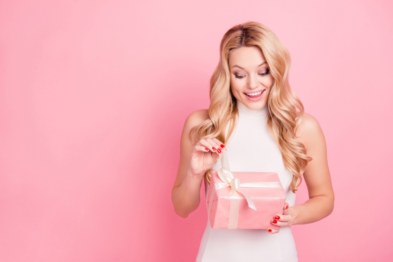 Blonde Woman Pink Gift Box Happy Smiles