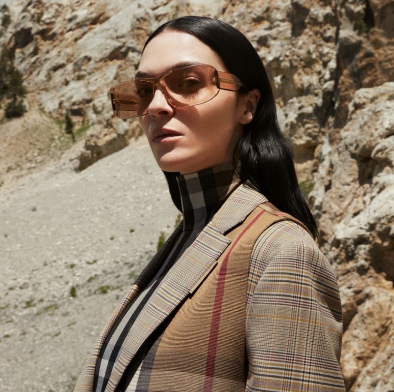 Mariacarla Boscono models sunglasses in Burberry fall-winter 2020 campaign.