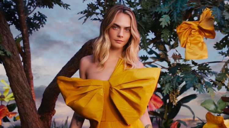 Model and actress Cara Delevingne wears Oscar de la Renta for Amazon Luxury Stores campaign.