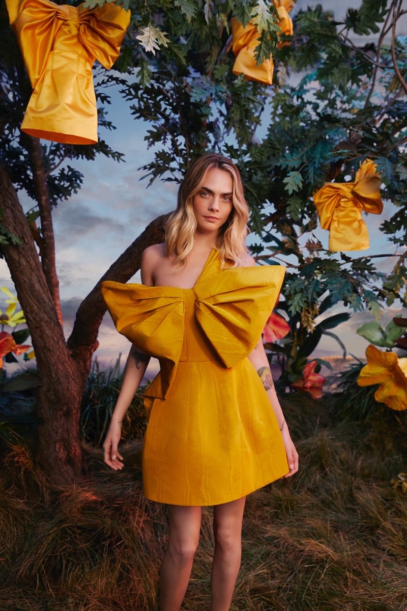 Model and actress Cara Delevingne wears Oscar de la Renta for Amazon Luxury Stores campaign.