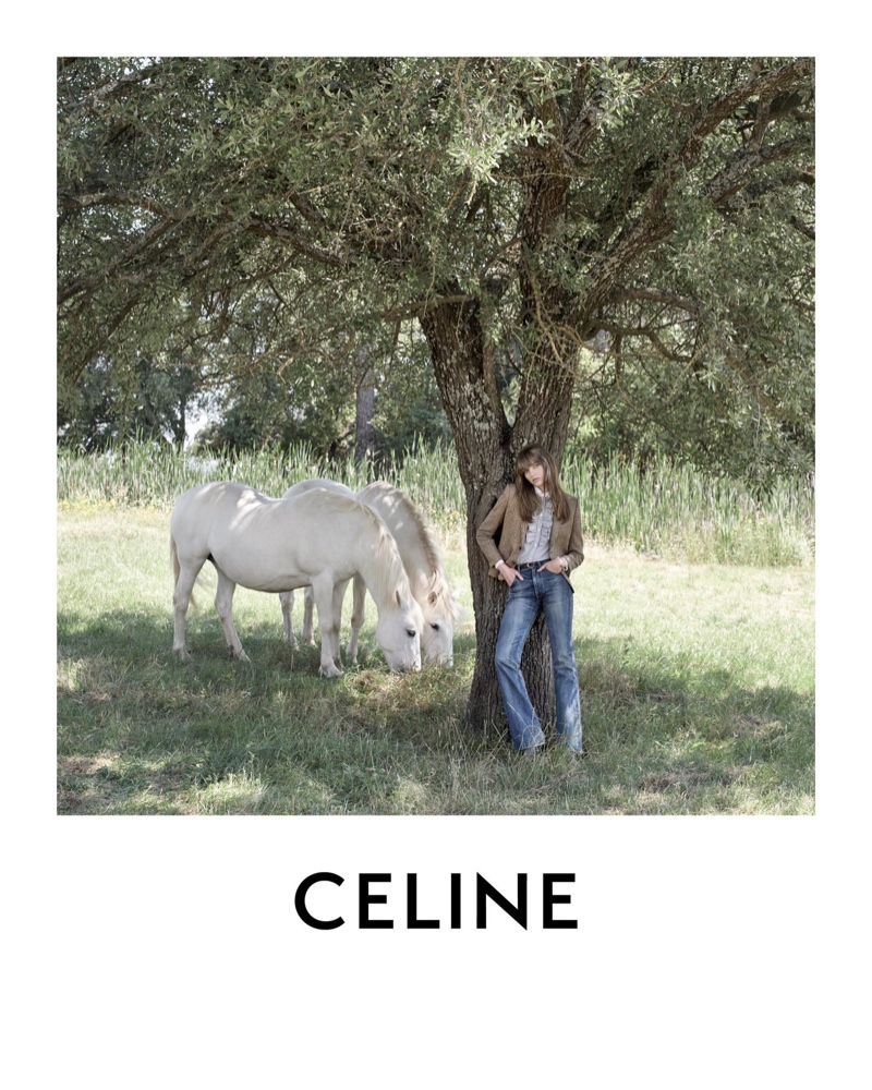 Fran Summers poses outdoors in Celine winter 2020 campaign.