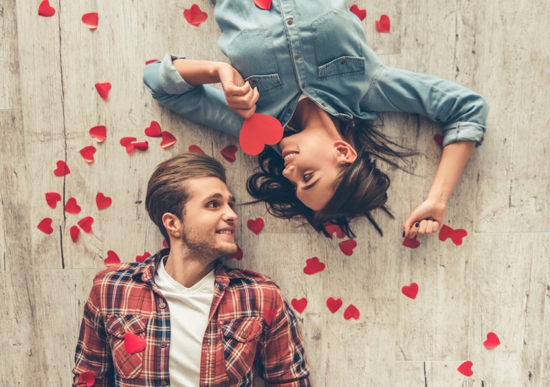 Couple Heart Shaped Cutouts Smiling Happy