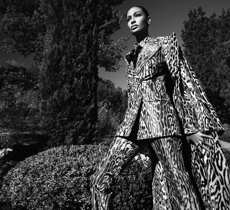 Suiting up, Joan Smalls poses for Ermanno Scervino fall-winter 2020 campaign.