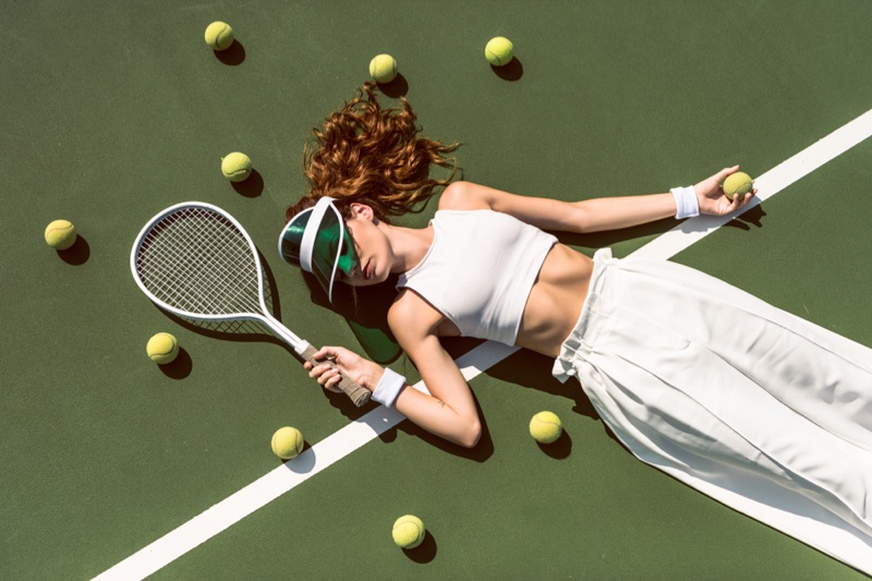 Fashion Model Tennis Sport Concept Racket Balls Visor