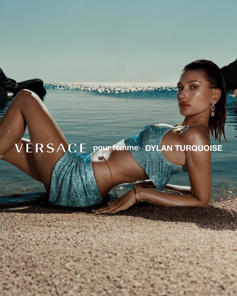 Versace enlists Hailey Baldwin for Dylan Turquoise fragrance campaign.
