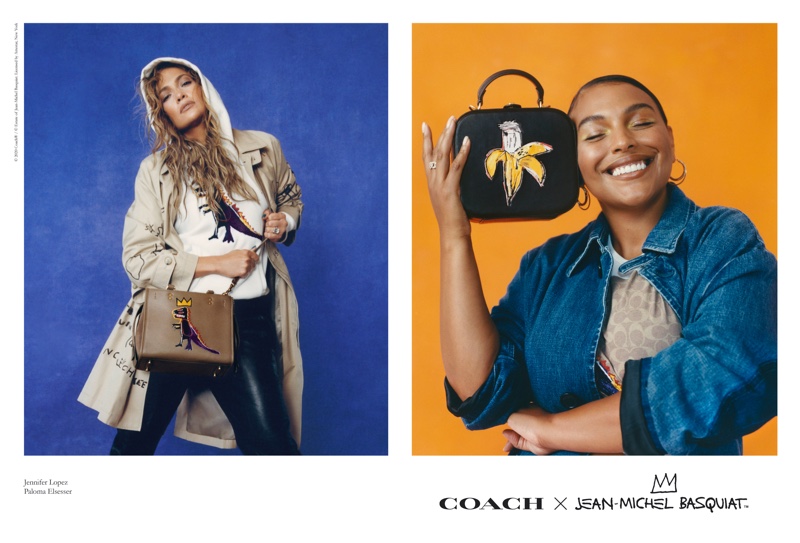 Jennifer Lopez and Paloma Elsesser pose for Coach x Jean-Michel Basquiat campaign.