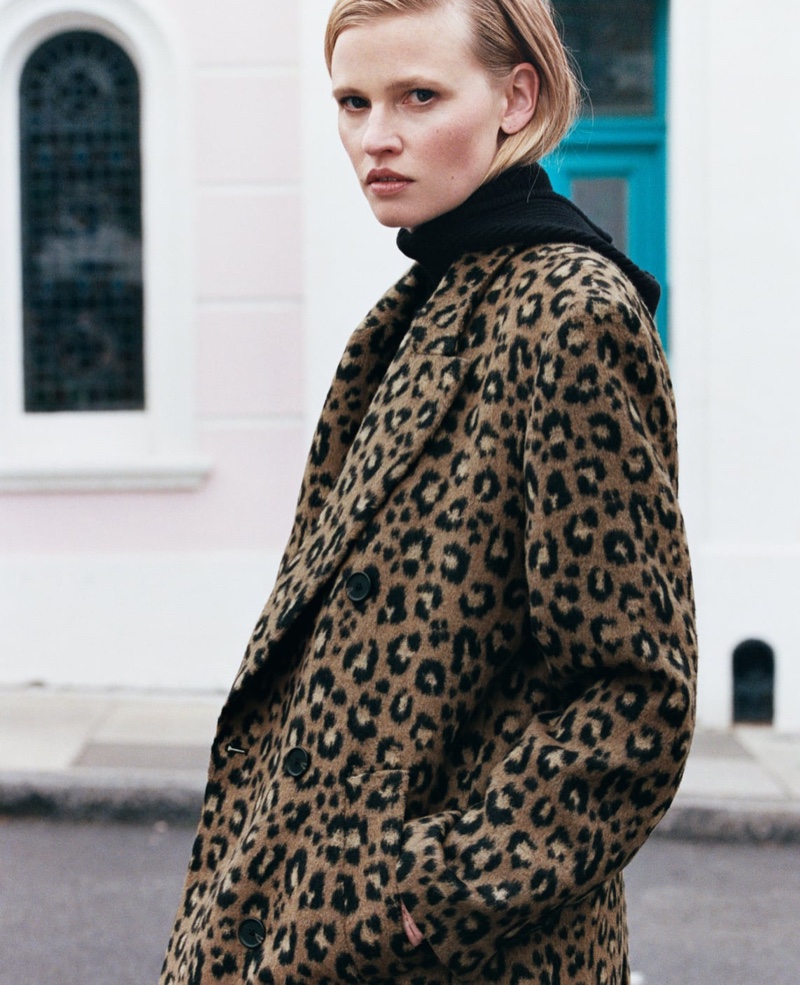 Lara Stone models Zara animal print coat.