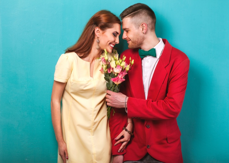 Man Giving Bouquet Woman Flowers Couple Romantic