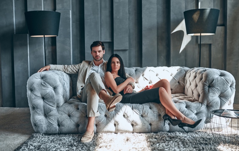 Man Woman Stylish Couple Home Minimal Quilted Couch