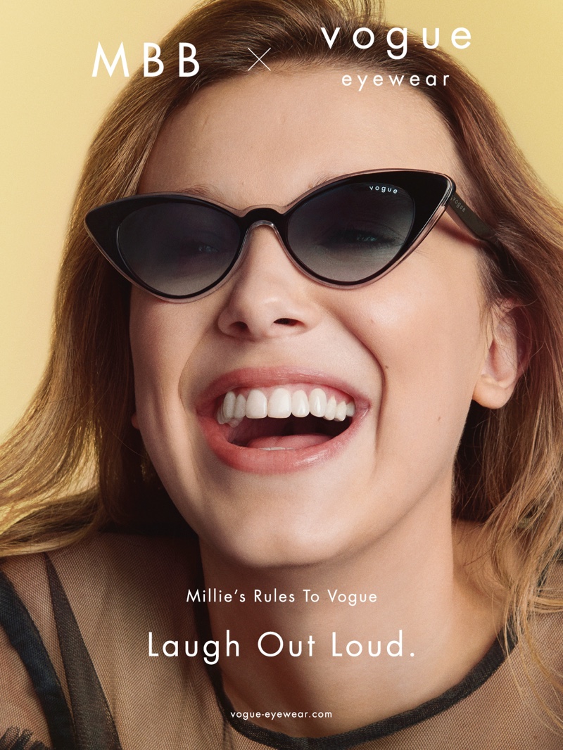 Laugh Out Loud: Millie Bobby Brown wears cat-eye sunglasses from Vogue Eyewear collaboration.