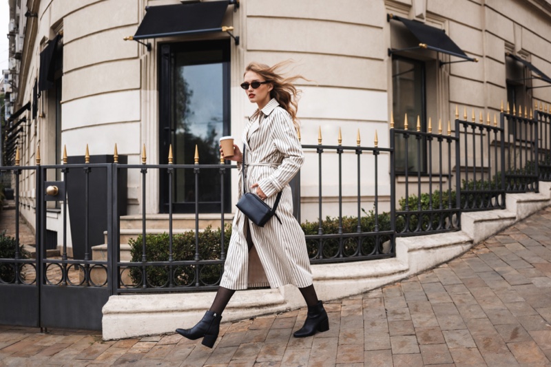 Model Walking Street Coat Bag Outfit