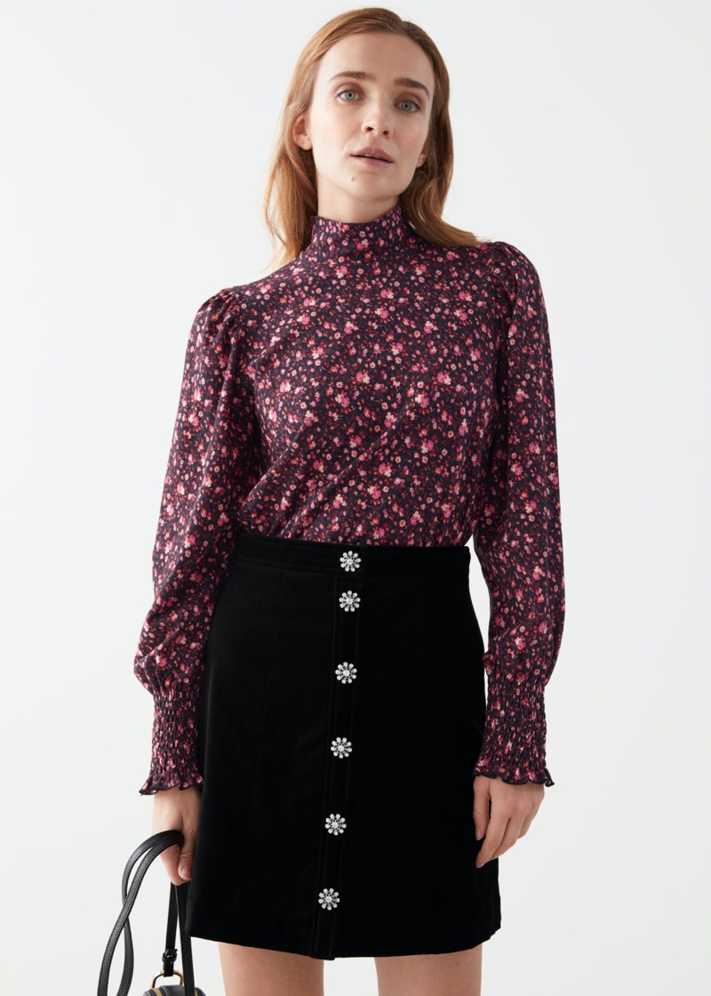& Other Stories Smocked Cuff High Collar Top in Red Florals $59