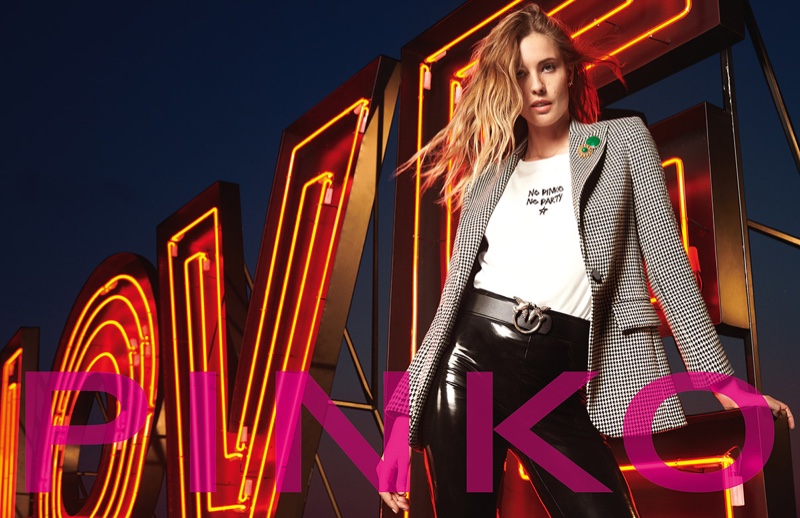 Model Nadja Bender poses for Pinko fall-winter 2020 campaign.