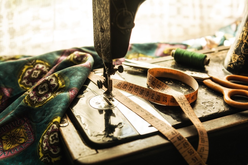 Printed Fabric Sewing Vintage Measuring Tape Scissors